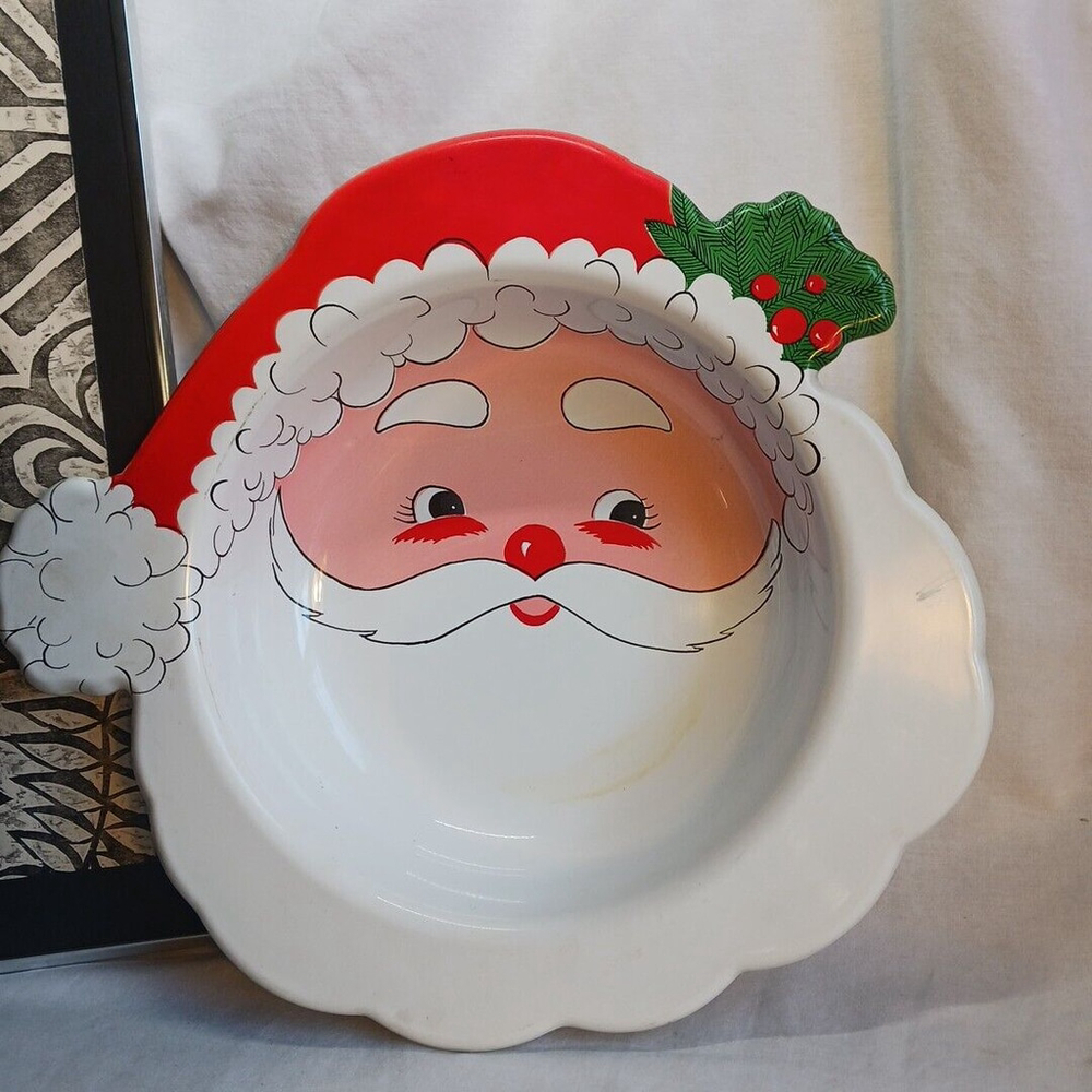 Vintage Ullman Plastic Santa Clause Face Bowl 15" Chip Dip Candy Dish Retro